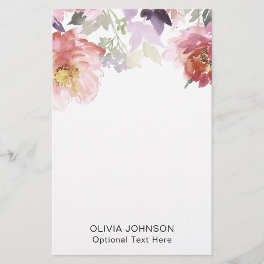 Elegant Chic Watercolor Floral Monogram Name Briefpapier (Voorkant)