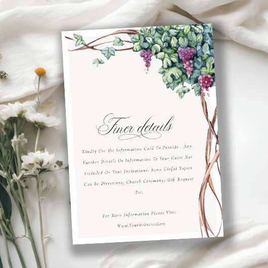 Elegant Chic Waterverf Grapevine Wedding Details Informatiekaartje