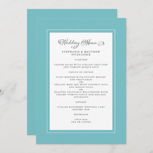 Elegant Chic Wedding Modern Chic Aqua Green Menu (Voorkant / Achterkant)