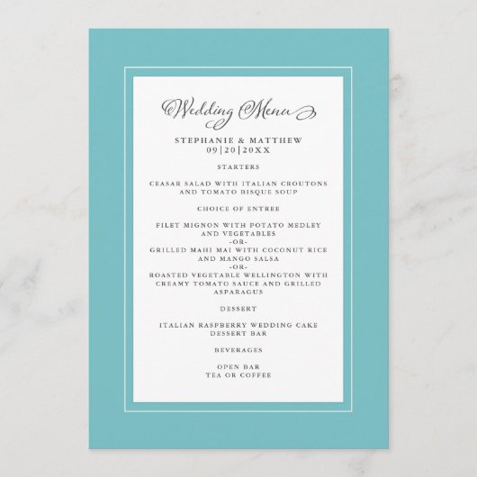Elegant Chic Wedding Modern Chic Aqua Green Menu (Voorkant)