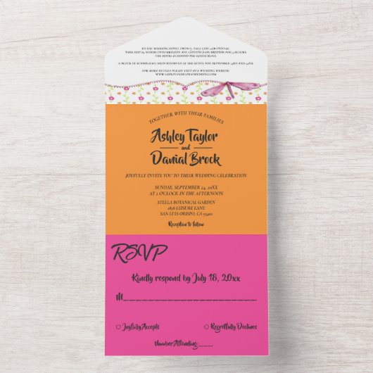 Elegant Chic Whimsical Script Boho Floral Wedding All In One Uitnodiging (Binnen)