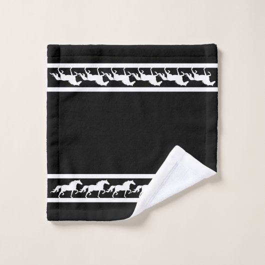 Elegant, Chic White Horses on Black Bad Handdoek (Wasdoekje)