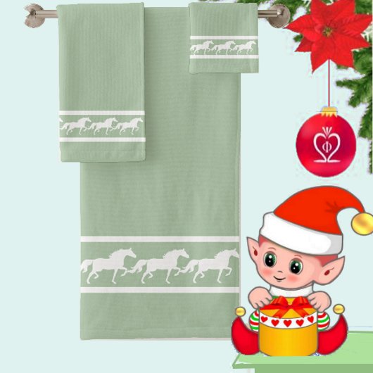 Elegant, Chic White Horses on Laurel Green Bad Handdoek