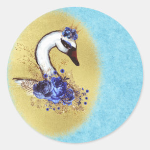 Elegant & Chic White Swan Blue Flowers Ronde Sticker