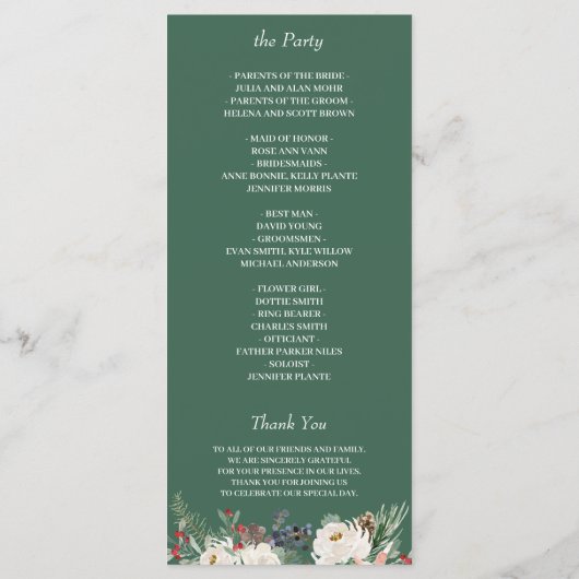Elegant Chic Winter Floral Holly Berries Wedding Programmakaart (Achterkant)