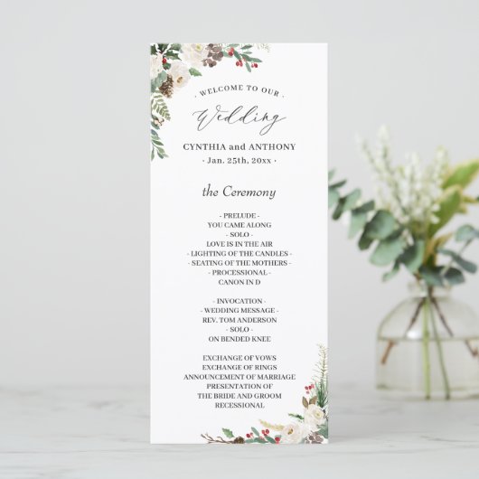 Elegant Chic Winter Floral Holly Berries Wedding Programmakaart (Staand voorkant)