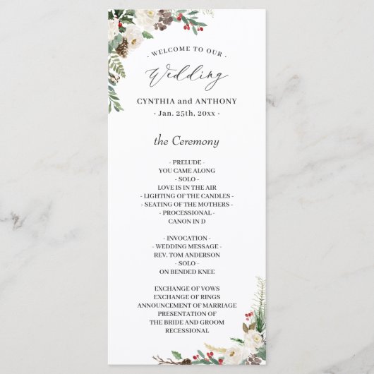 Elegant Chic Winter Floral Holly Berries Wedding Programmakaart (Voorkant)
