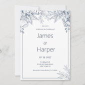 Elegant chic wit grijs blauw bloemenbruiloft kaart (Voorkant)