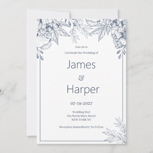 Elegant chic wit grijs blauw bloemenbruiloft kaart (Voorkant)