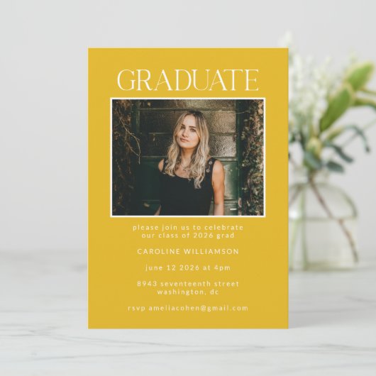 Elegant Chic Yellow Two Photo Graduparty Kaart (Staand voorkant)