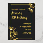 Elegant Chic Zwart Bloemen 25e Verjaardagsfeestje Folie Uitnodiging (Voorkant)