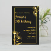 Elegant Chic Zwart Bloemen 25e Verjaardagsfeestje Folie Uitnodiging (Staand Voorkant)