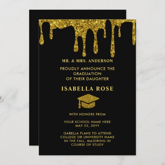 Elegant Chic Zwart en Goud 2025 Afstuderen Aankondiging (Voorkant / Achterkant)
