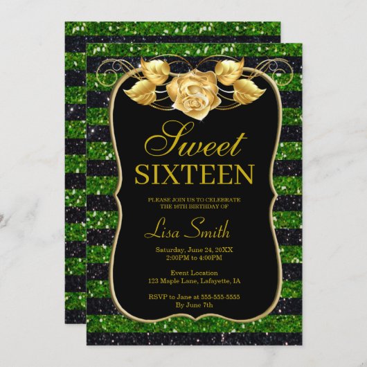 Elegant Chic Zwart Groen Glitter Roos Sweet 16 Kaart (Voorkant / Achterkant)