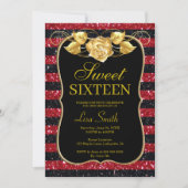 Elegant Chic Zwart Rood Glitter Roos Sweet 16 Kaart (Voorkant)