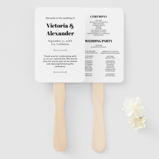Elegant Chic Zwart & Wit Eenvoudig Trouwprogramma Handwaaier (Voorkant en achterkant)