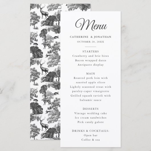Elegant  Chic Zwart Wit Toile Herten Menu (Voorkant / Achterkant)