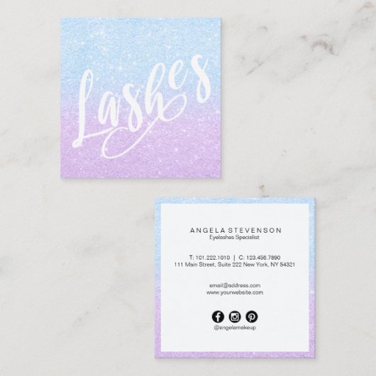 Elegant chick aqua & violet glitter lashin vierkante visitekaartje (Voorkant / Achterkant)