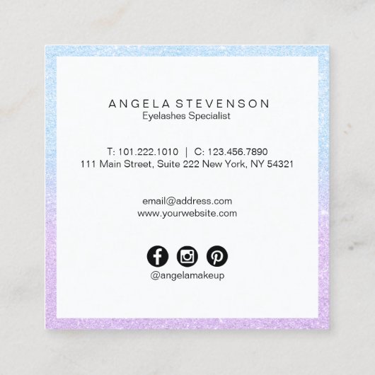 Elegant chick aqua & violet glitter lashin vierkante visitekaartje (Achterkant)