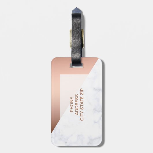 Elegant chick geometrisch wit marmer roos goud bagagelabel (Achterkant verticaal)