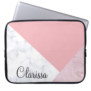 Elegant chick white pastel roze marmer geometrisch laptop sleeve