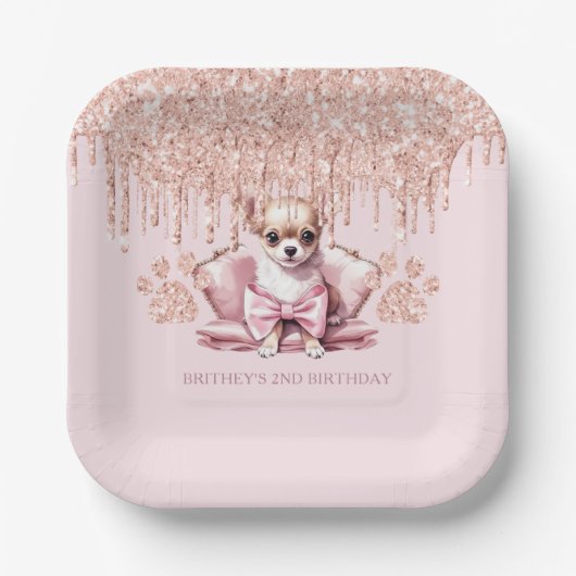 Elegant Chihuahua met Glitter Verjaardagsfeest Papieren Bordje (Voorkant)