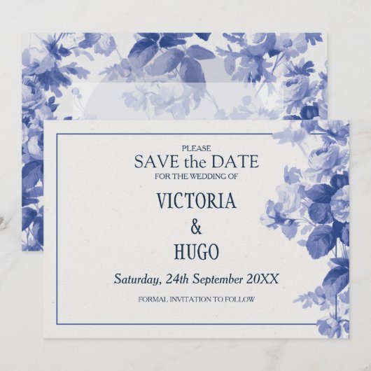 Elegant China Blue Wedding save the date (Voorkant / Achterkant)