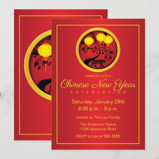 Elegant Chinees Nieuwjaar Tijgergoudlampions Kaart (Voorkant / Achterkant)