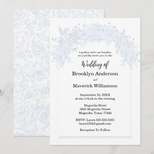 Elegant Chinoiserie Blue Floral Wedding Invitation Kaart (Voorkant / Achterkant)