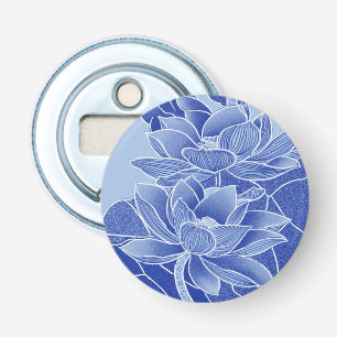 Elegant Chinoiserie Blue Flowers Lotus Mandala Button Flesopener