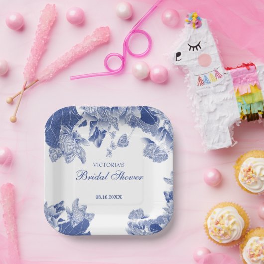 Elegant Chinoiserie Chic Blue White Floral Design Papieren Bordje (Feest)