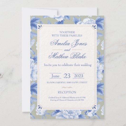Elegant Chinoiserie Delft Blue Wedding Invitation Kaart (Voorkant)