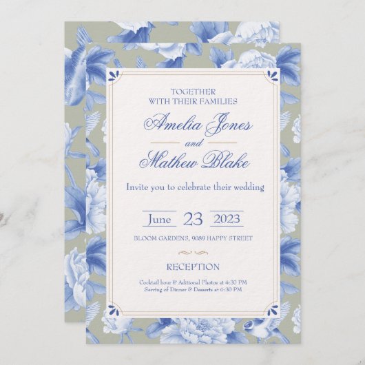 Elegant Chinoiserie Delft Blue Wedding Invitation Kaart (Voorkant / Achterkant)