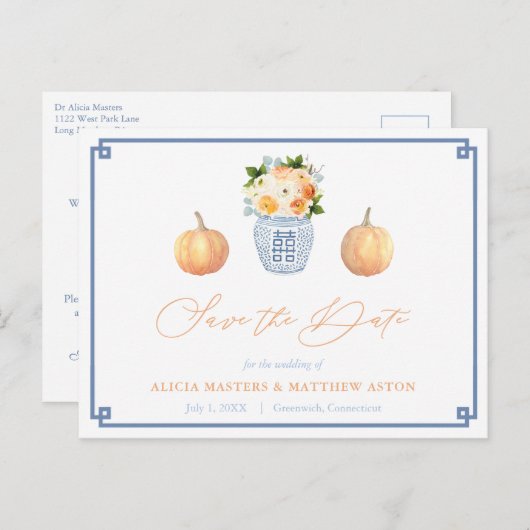 Elegant Chinoiserie Pumpkins Wedding Save the Date Briefkaart (Voorkant / Achterkant)