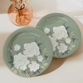 Elegant Chinoiserie Sage Green Floral Bird Wedding Papieren Bordje