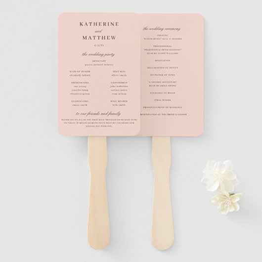 Elegant chique blush roze bruiloft ceremonie progr handwaaier (Voorkant en achterkant)