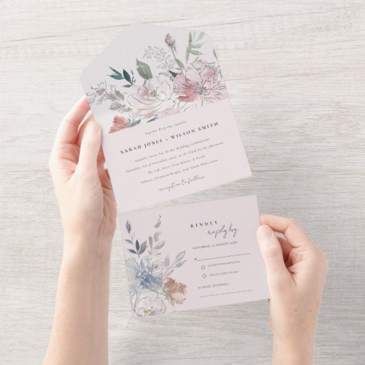 Elegant chique blush Waterverf bloemenbruiloft All In One Uitnodiging (Afscheurbaar)