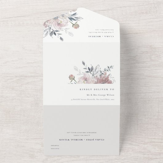 Elegant chique blush Waterverf bloemenbruiloft All In One Uitnodiging (Buitenkant)