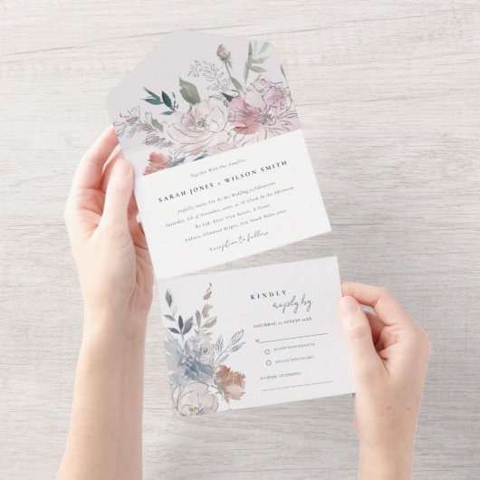 Elegant chique blush Waterverf bloemenbruiloft All In One Uitnodiging (Afscheurbaar)
