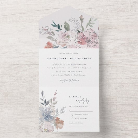 Elegant chique blush Waterverf bloemenbruiloft All In One Uitnodiging (Binnen)