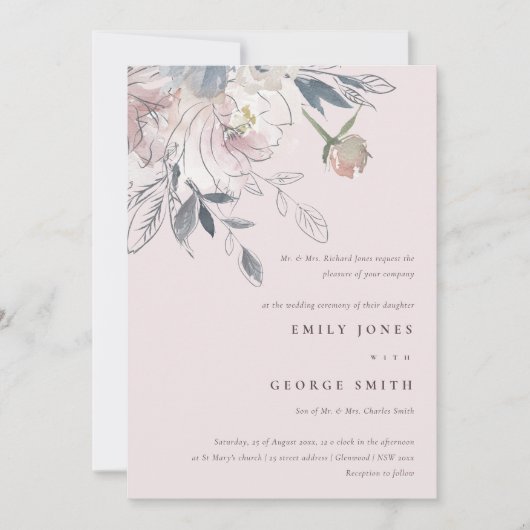 Elegant chique blush Waterverf bloemenbruiloft Kaart (Voorkant)
