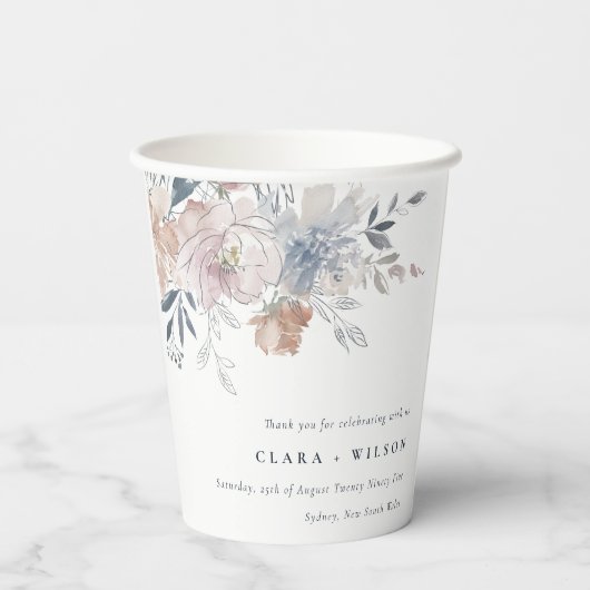 Elegant chique blush Waterverf bloemenbruiloft Papieren Bekers (Achterkant)