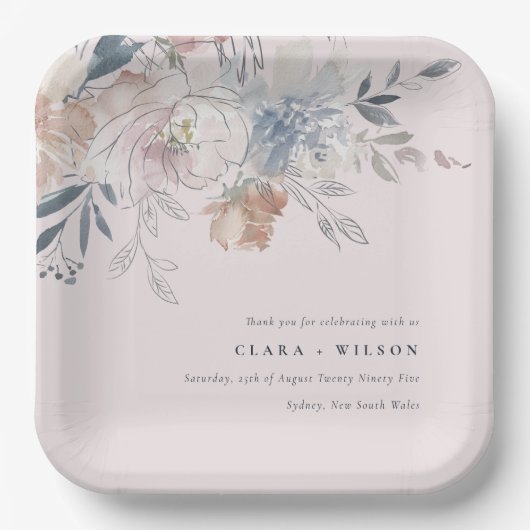 Elegant chique blush Waterverf bloemenbruiloft Papieren Bordje (Voorkant)