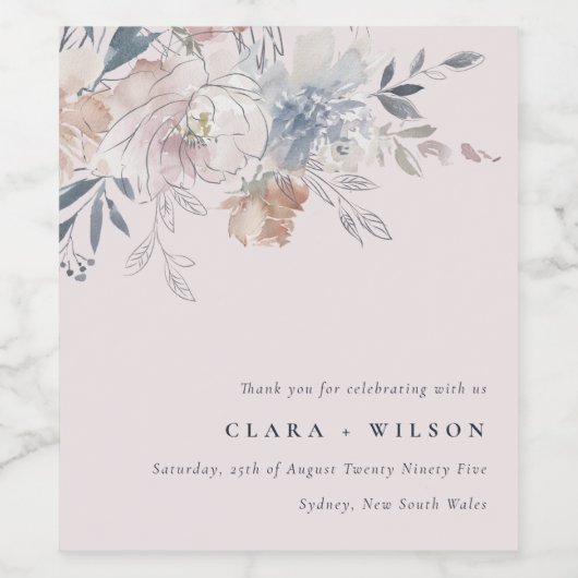 Elegant chique blush Waterverf bloemenbruiloft Wijn Etiket (Enkel label)
