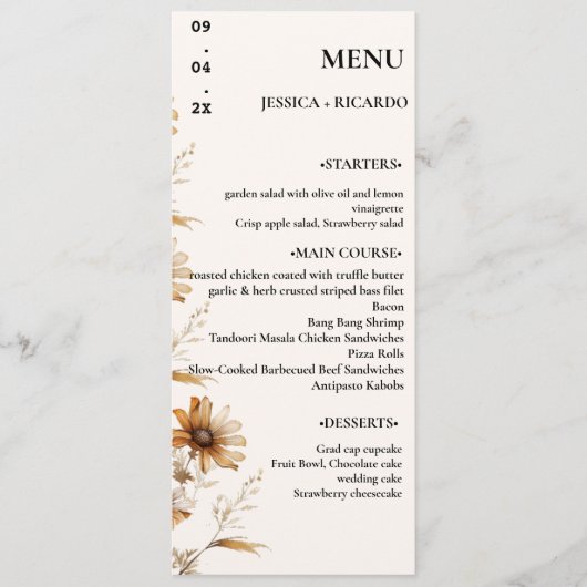 Elegant & Chique Boho Groene Wildflower Trouwtafel Menu (Voorkant)