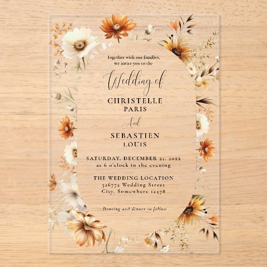 Elegant & Chique Boho Herfst Wildflower Bruiloft Acryl Uitnodigingen (Voorkant)