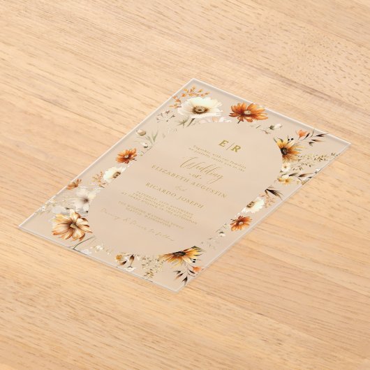 Elegant & Chique Boho Herfst Wildflower Bruiloft Acryl Uitnodigingen (Laagn)