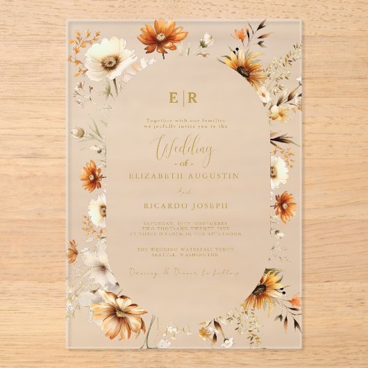 Elegant & Chique Boho Herfst Wildflower Bruiloft Acryl Uitnodigingen (Voorkant)