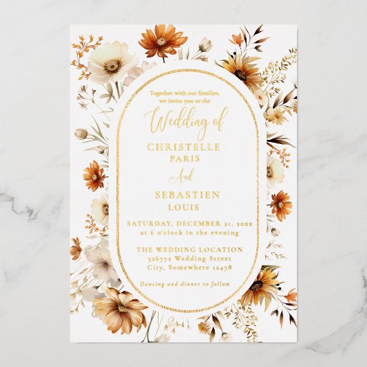Elegant & Chique Boho Herfst Wildflower Bruiloft Folie Uitnodiging (Voorkant)