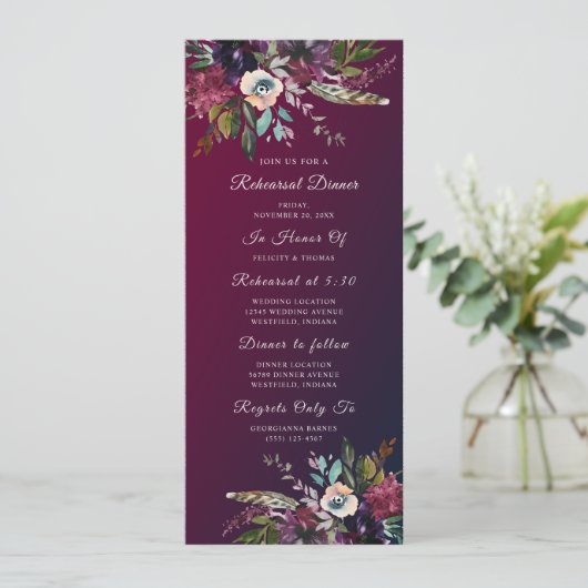 Elegant chique Bourgondische bloemenrepetitiediner Kaart (Staand voorkant)